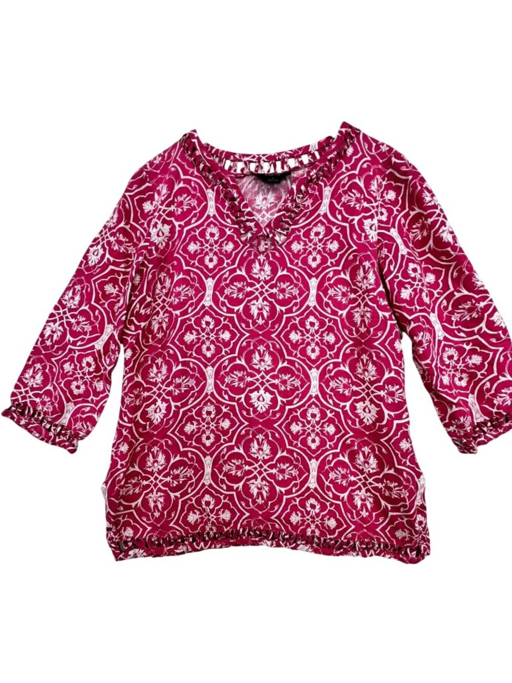 Style & Co. Women's Linen Tunic Top 3/4 Sleeve Size 12 Magenta White Damask